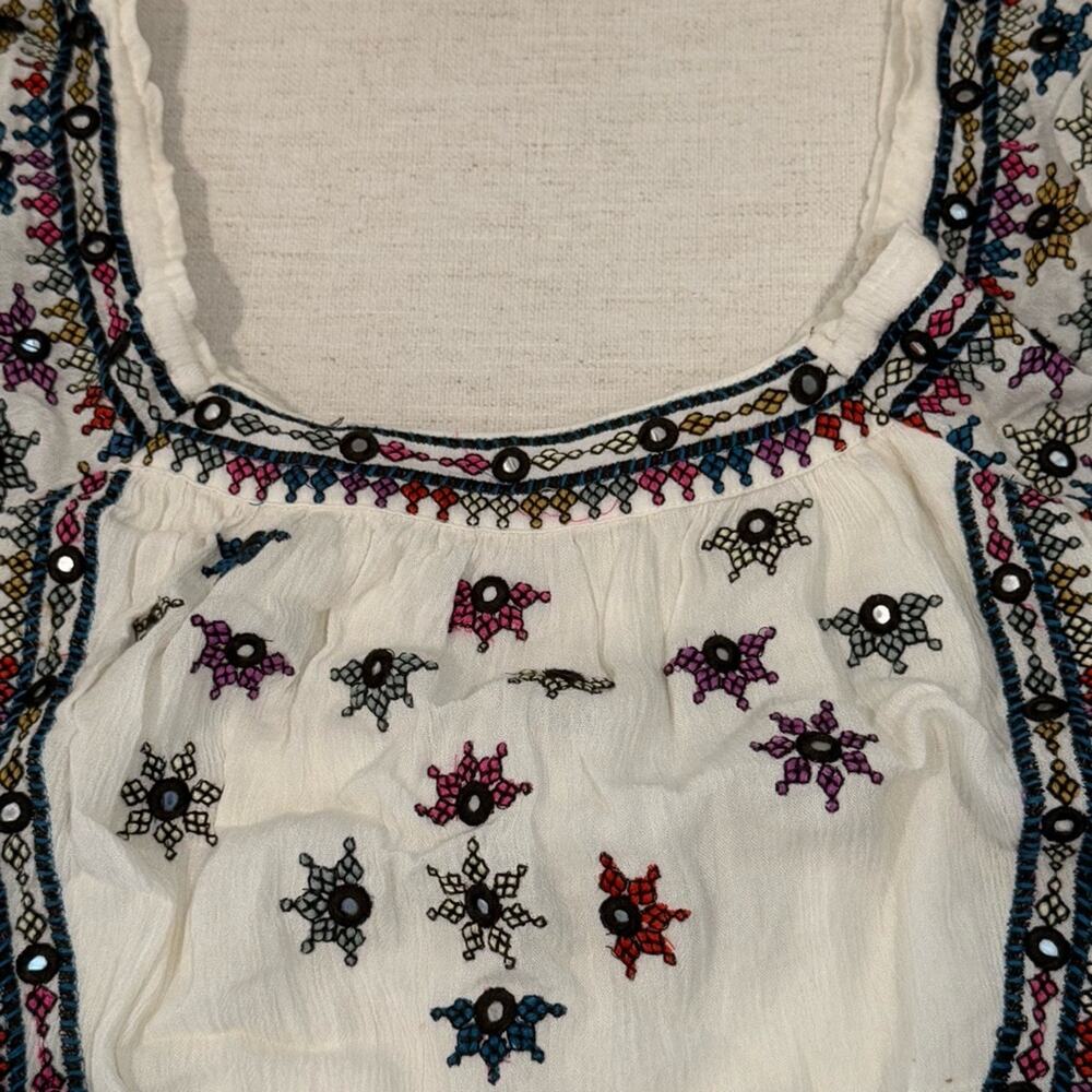 Free People White Embroidered Cropped Peasant Top with Multicolor Accents - Picture 5 of 8